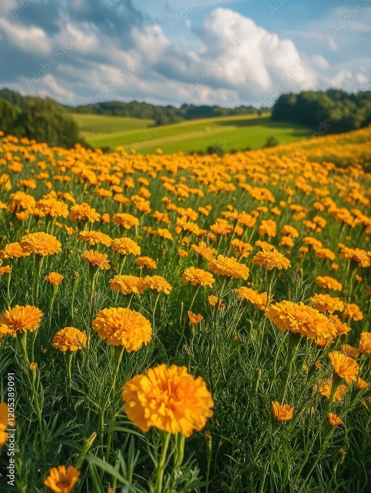 field of marigolds, their bright yellow and orange blooms gently swaying in the breeze, adding color to the lush rural landscape field of marigolds, their bright yellow and orange blooms gently swaying in the breeze, adding color to the lush rural landscape
