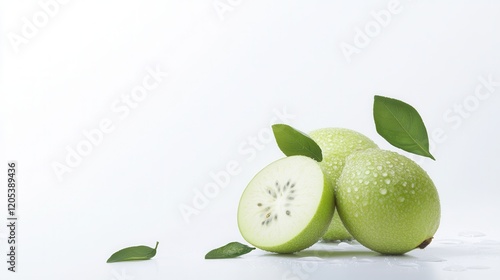Wallpaper Mural Two fresh green apples with vibrant leaves rest on a clean white surface, showcasing their natural beauty and appealing colors. Torontodigital.ca