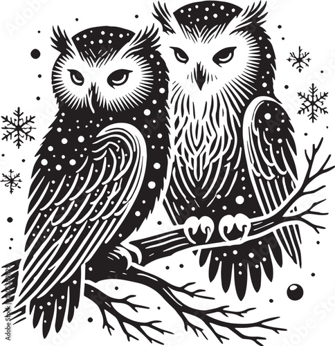 Black Color Snowy Owl Silhouette Vector Illustration, Solid White Background. minimal vector design