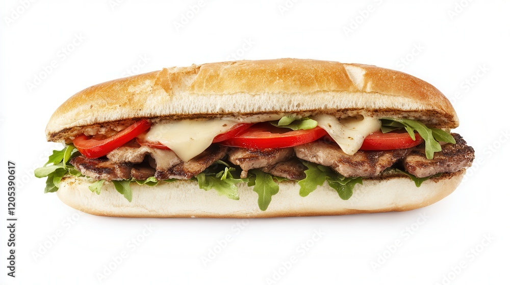 A delicious sandwich filled with savory meat, fresh tomatoes, and crisp lettuce, presented on a clean plate for an appetizing appeal. A delicious sandwich filled with savory meat, fresh tomatoes, and crisp lettuce, presented on a clean plate for an appetizing appeal.