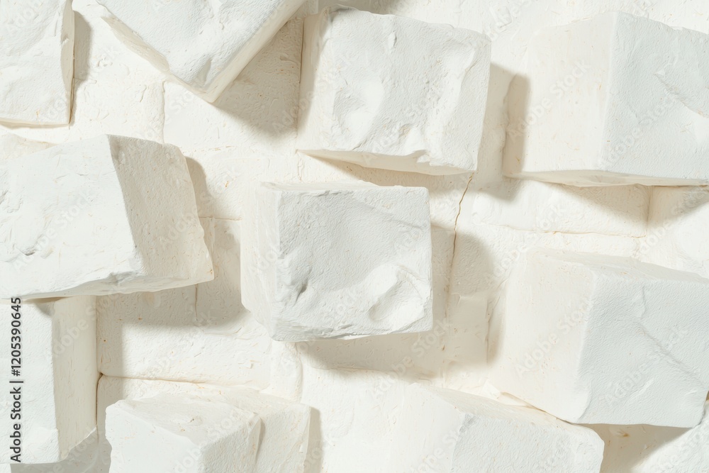 White marble blocks studio setting abstract photography minimalist aesthetic top-down view textural contrast