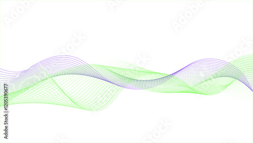  Abstract purple and green wave line on white background. Futuristic tech background with Curved wavy line. 