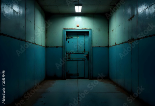 Eerie Teal Corridor with Old Metal Door Stock Photo photo