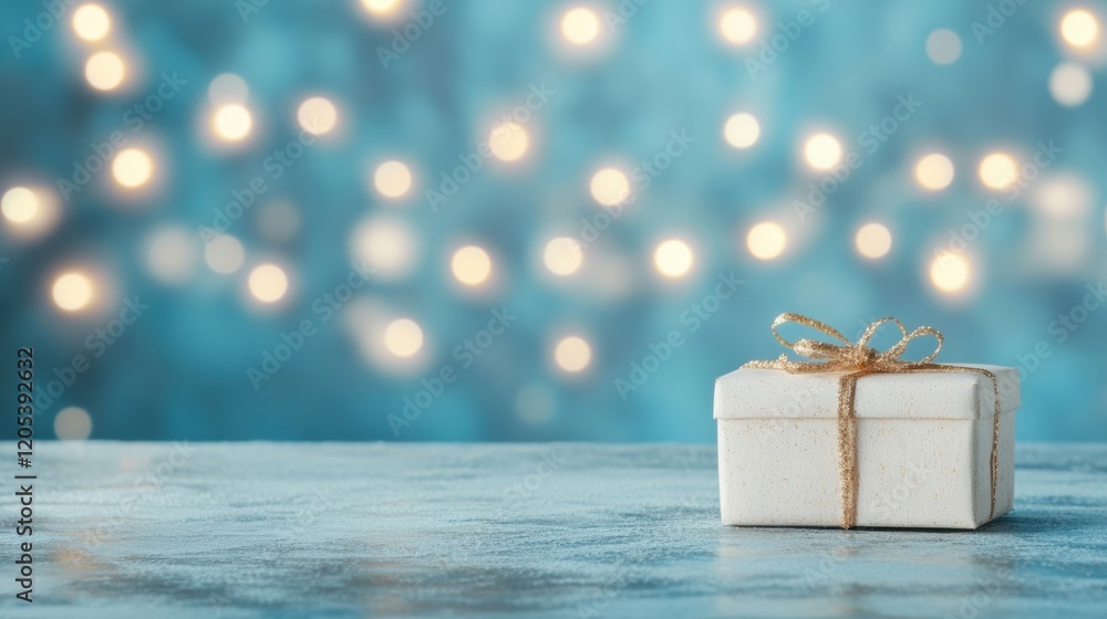 White gift box with golden ribbon on a table against a soft blue bokeh background White gift box with golden ribbon on a table against a soft blue bokeh background