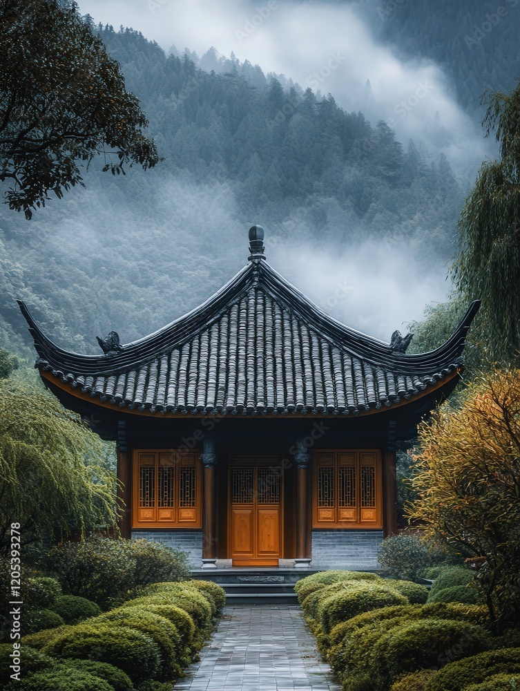 traditional Chinese building in the mountains, surrounded by mist, with an intricate roof and a peaceful garden path leading to the door traditional Chinese building in the mountains, surrounded by mist, with an intricate roof and a peaceful garden path leading to the door