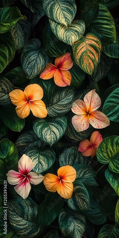 custom made wallpaper toronto digitalvariegated betel leaf bush surrounded by tropical flowers, the leaves unique patterns complementing the vibrant blooms
