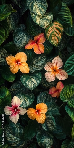 Wallpaper Mural variegated betel leaf bush surrounded by tropical flowers, the leaves unique patterns complementing the vibrant blooms Torontodigital.ca