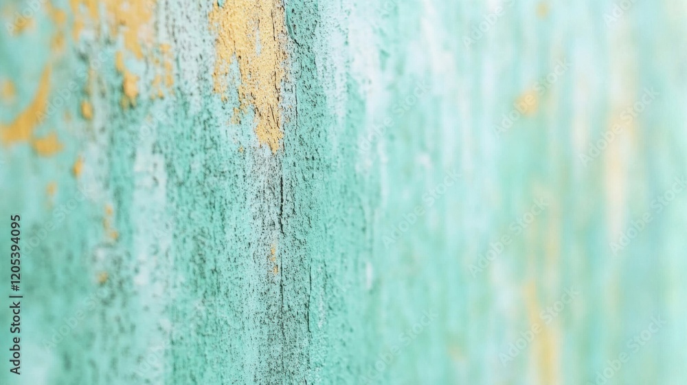 Fototapeta premium Vibrant textured wall with peeling paint in shades of teal and gold showing signs of weathering and age during daylight
