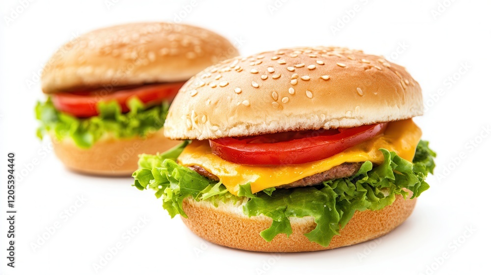Two juicy hamburgers topped with cheese, fresh lettuce, and ripe tomato slices, showcasing a delicious and appetizing meal. Two juicy hamburgers topped with cheese, fresh lettuce, and ripe tomato slices, showcasing a delicious and appetizing meal.