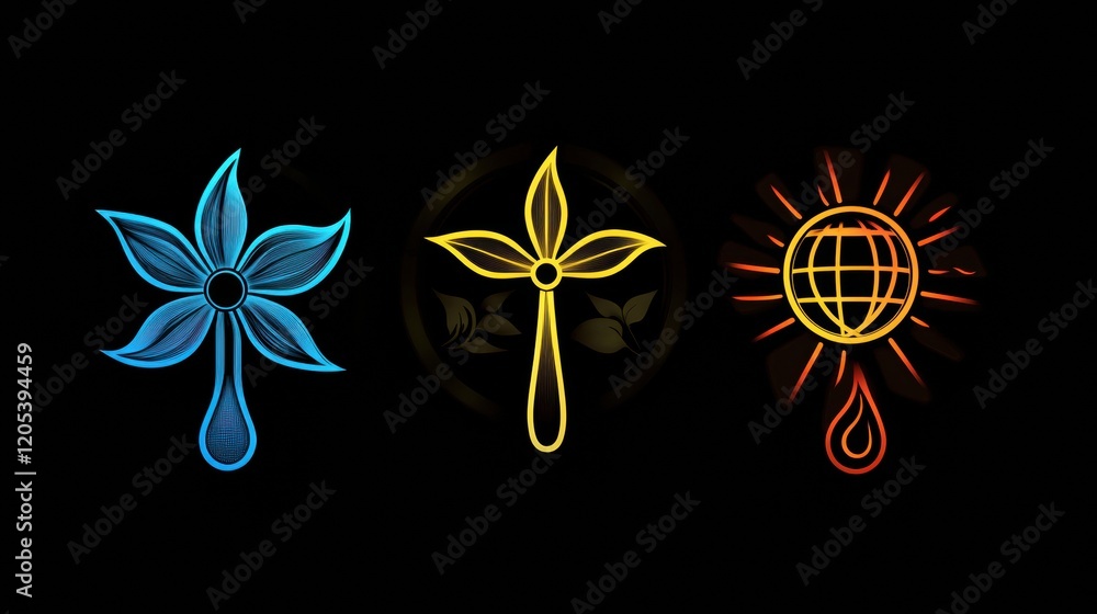 Eco-friendly symbols for energy, combining wind, solar, and water icons with a clean, cohesive minimalist style Eco-friendly symbols for energy, combining wind, solar, and water icons with a clean, cohesive minimalist style