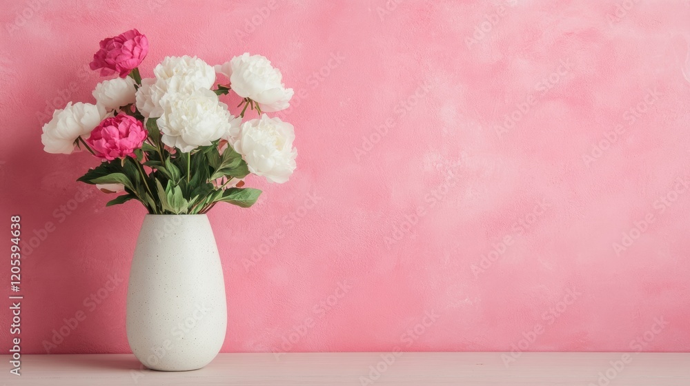 Elegant bouquet of pink and white peonies in a simple vase against a soft pink backdrop Elegant bouquet of pink and white peonies in a simple vase against a soft pink backdrop