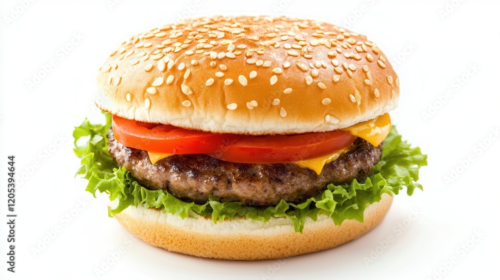 A delicious burger featuring a beef patty topped with cheese, fresh lettuce, and juicy tomato, all nestled in a sesame seed bun. A delicious burger featuring a beef patty topped with cheese, fresh lettuce, and juicy tomato, all nestled in a sesame seed bun.