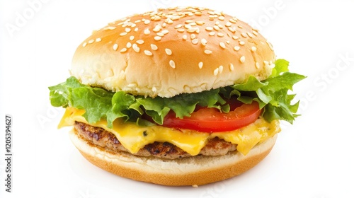 A delicious sandwich featuring a beef patty with cheese, fresh tomato, lettuce, and a second layer of tomato, all nestled in a sesame seed bun. photo