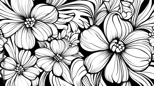 Abstract floral pattern with large blooms and swirling lines on a black background