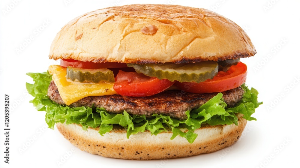 A delicious hamburger topped with cheese, fresh tomato slices, and crunchy pickles, showcasing classic American fast food appeal. A delicious hamburger topped with cheese, fresh tomato slices, and crunchy pickles, showcasing classic American fast food appeal.