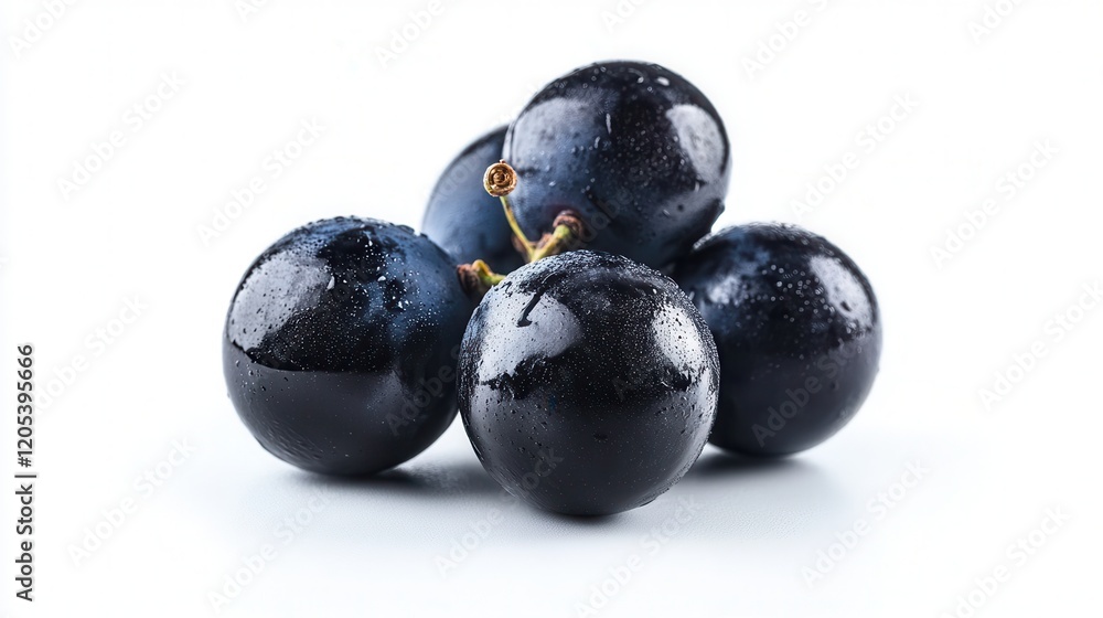 A cluster of ripe black grapes rests on a white surface, glistening with water droplets that enhance their fresh appearance. A cluster of ripe black grapes rests on a white surface, glistening with water droplets that enhance their fresh appearance.