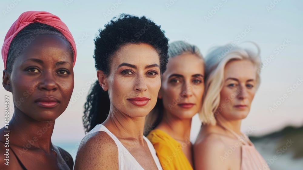 Group of diverse women showcasing beauty and confidence at a beach during sunset Group of diverse women showcasing beauty and confidence at a beach during sunset