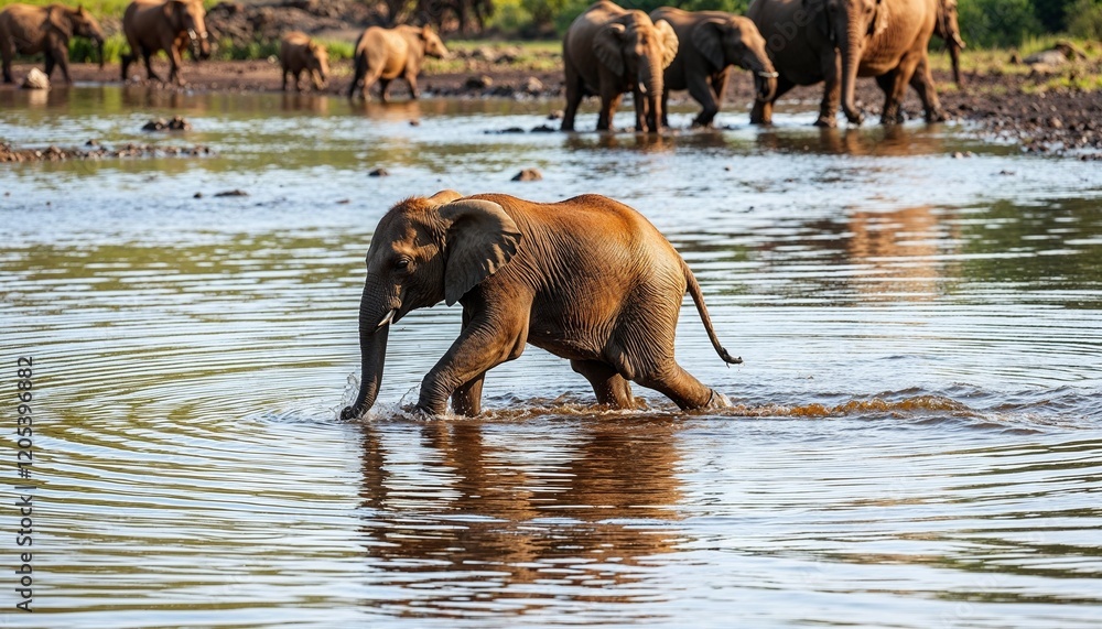Baby Elephant Wading Through Water with Family in the Background Baby Elephant Wading Through Water with Family in the Background