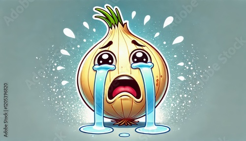 A comical cartoon of a crying onion with exaggerated tears and a humorous dramatic expression. photo