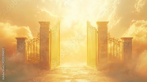 Wallpaper Mural Golden gates glowing amidst radiant clouds, exuding a serene and heavenly aura, symbolizing divine majesty and spiritual transcendence. Perfect for inspirational and mystical themes. Torontodigital.ca