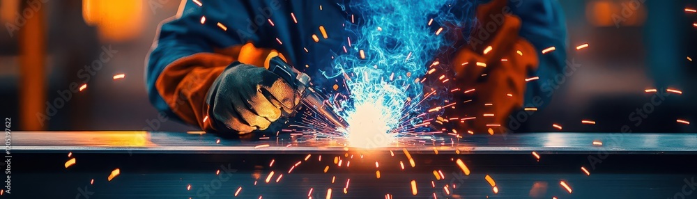 Fototapeta premium A closeup of a worker welding steel beams, sparks flying, dramatic lighting