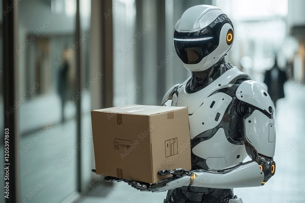 Fototapeta premium Futuristic delivery robot holding cardboard box in modern building