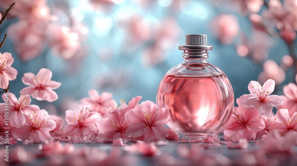 Pink perfume bottle surrounded by flowers Pink perfume bottle surrounded by flowers