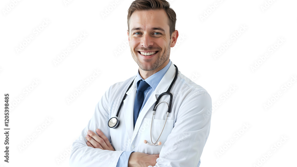 Fototapeta premium Medical Professional with Stethoscope and White Lab Coat isolated on white transparent background