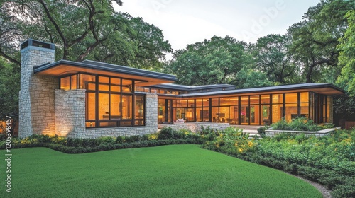 A modern home with a flat roof, natural stone facade, and large glass panels, surrounded by well-maintained gardens, embracing simplicity and elegance