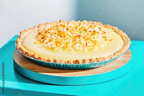 A beautifully crafted coconut cream pie with a golden-brown toasted coconut topping, showcasing a golden crust and smooth filling, perfect for dessert lovers. photo