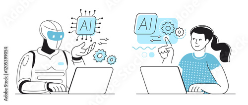 Humanoid robot working with laptop. Girl works with digital computing technologies using artificial intelligence