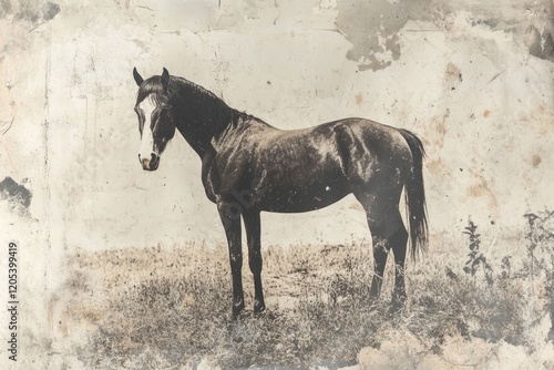 A stunning image of a black horse standing gracefully in a vintage ambiance, showcasing its sleek coat and poised posture against a faded background of nature.