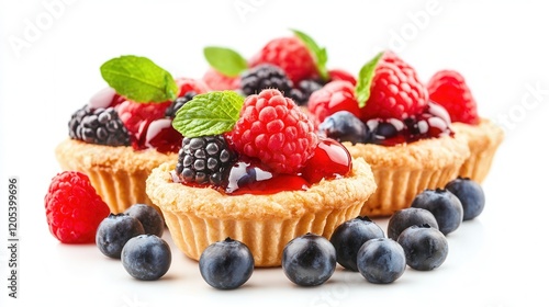 Three tartle cups filled with fresh berries and garnished with mint leaves, presenting a vibrant and appetizing display of flavors. photo