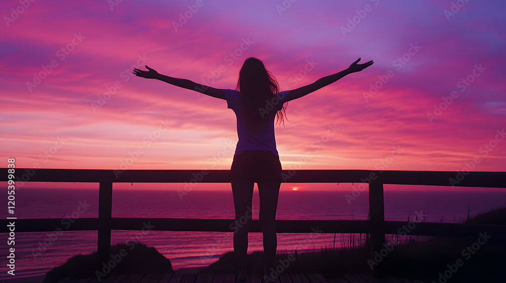 Fototapeta premium Silhouette of a woman at sunset on a dock