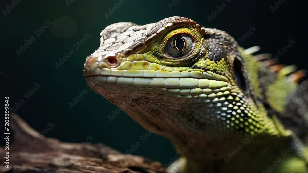 Close-up of a vibrant green lizard basking on a log Close-up of a vibrant green lizard basking on a log