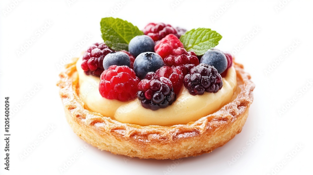 A delectable pastry topped with fresh berries and vibrant mint leaves, showcasing a delightful blend of flavors and colors. A delectable pastry topped with fresh berries and vibrant mint leaves, showcasing a delightful blend of flavors and colors.