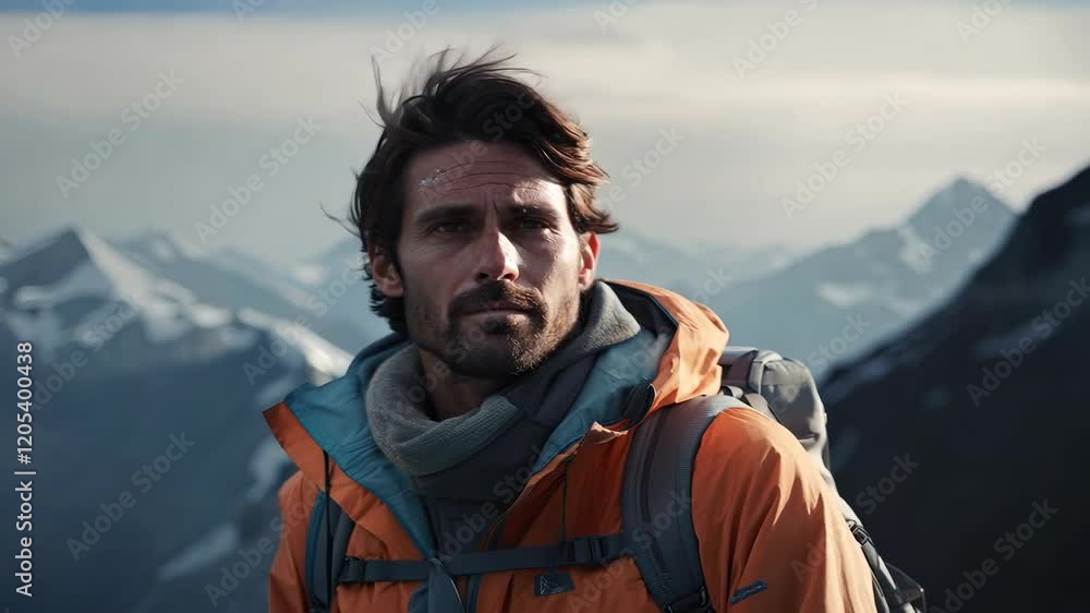 Adventurer gazes at majestic mountain landscape Adventurer gazes at majestic mountain landscape