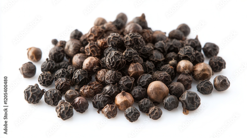 A scattered mound of black pepper seeds on a clean white background, highlighting their rich texture and deep color. A scattered mound of black pepper seeds on a clean white background, highlighting their rich texture and deep color.