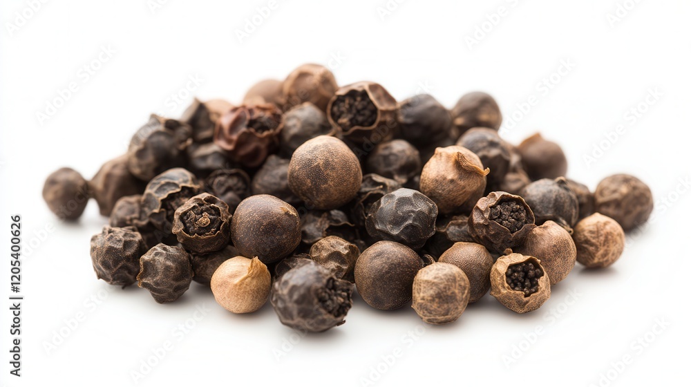 A detailed view of a pile of dried black pepper seeds arranged on a clean white surface, showcasing their rich color and texture. A detailed view of a pile of dried black pepper seeds arranged on a clean white surface, showcasing their rich color and texture.