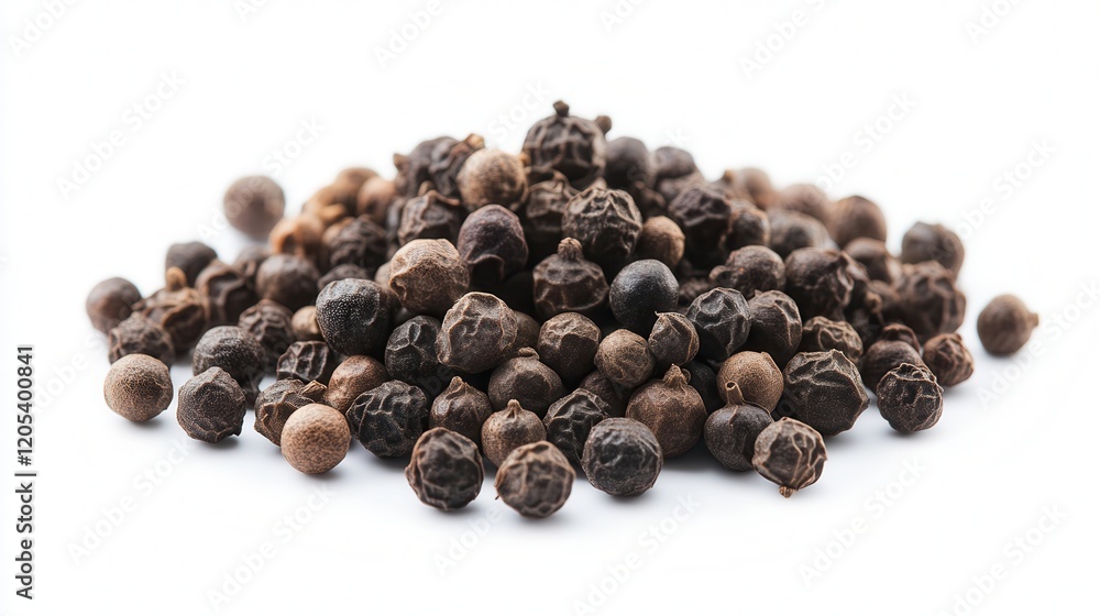 A neat pile of aromatic black pepper seeds rests on a clean white surface, showcasing their rich color and texture. A neat pile of aromatic black pepper seeds rests on a clean white surface, showcasing their rich color and texture.