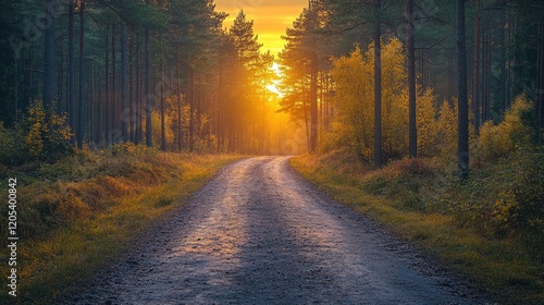 Serene forest road at sunrise with golden light filtering through trees and misty background photo