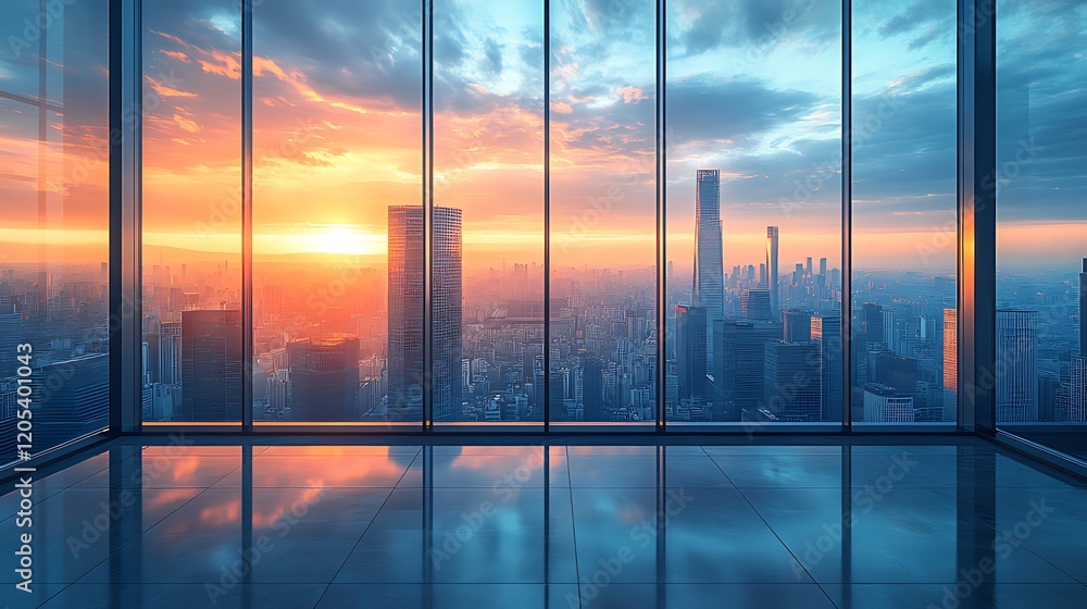 Fototapeta premium Sunset cityscape view from modern office (2)