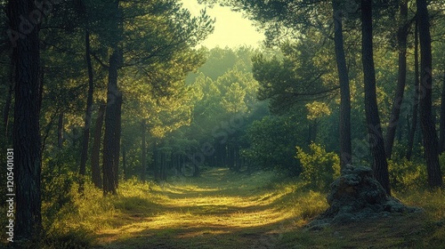 Sunlit path through a mystical, green forest.