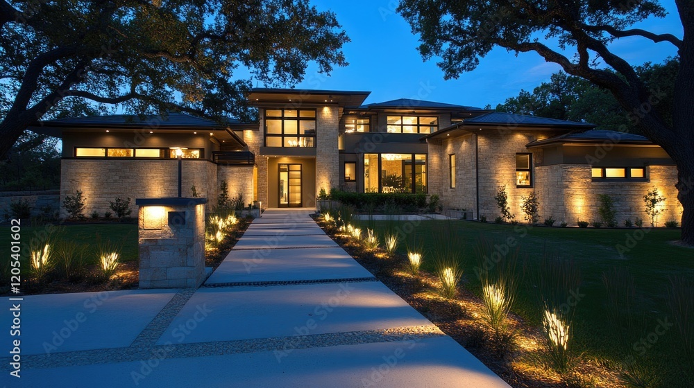Contemporary luxury home exterior with a sleek architectural design, illuminated by soft outdoor lighting. Contemporary luxury home exterior with a sleek architectural design, illuminated by soft outdoor lighting.