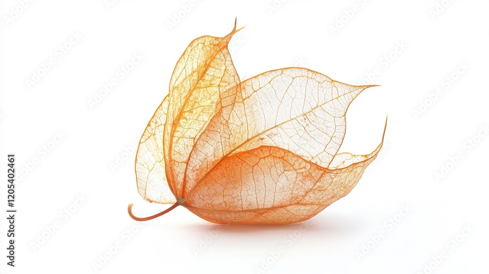 Fototapeta premium A solitary dried leaf rests delicately on a clean white surface, showcasing its intricate texture and natural beauty.