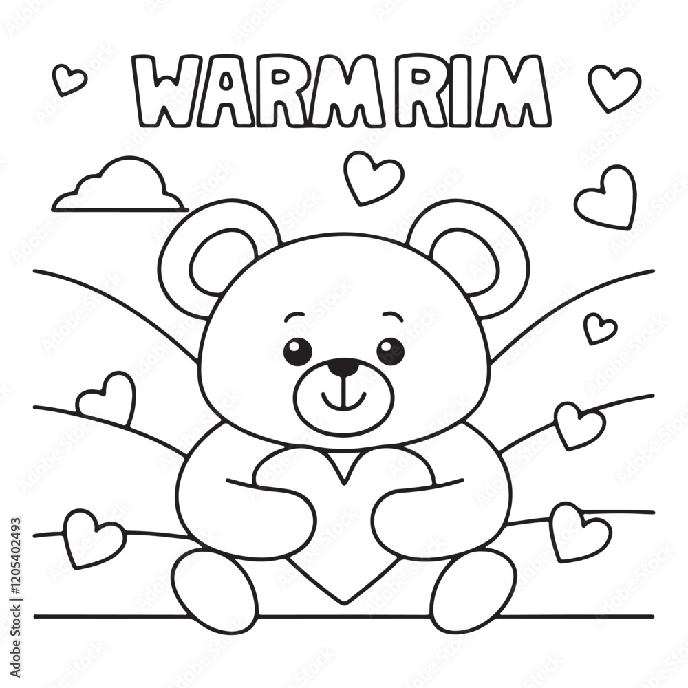 Obraz premium Cute Coloring Page of a Teddy Bear Holding a Heart