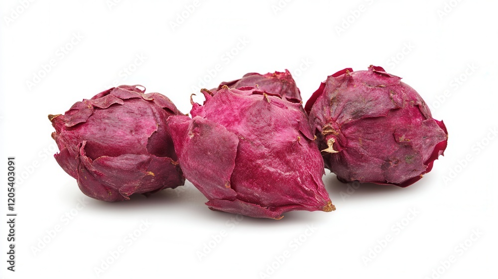 Three vibrant purple fruits rest elegantly on a clean white surface, showcasing their rich color and smooth texture in a minimalist setting. Three vibrant purple fruits rest elegantly on a clean white surface, showcasing their rich color and smooth texture in a minimalist setting.