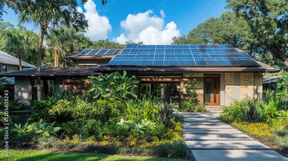 Front view of an energy-efficient house with solar panels and green garden, creating a peaceful eco-friendly living space Front view of an energy-efficient house with solar panels and green garden, creating a peaceful eco-friendly living space