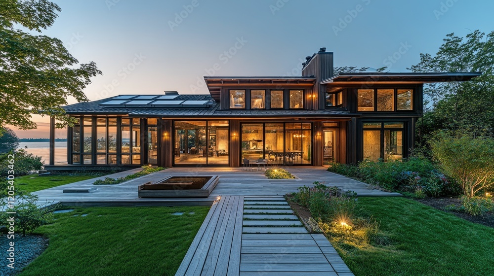Fototapeta premium Green eco-friendly house with a large sustainable garden, solar-powered lights, and rainwater storage system