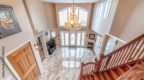 Grand chandelier illuminating a two-story foyer with marble floors and a sweeping staircase.